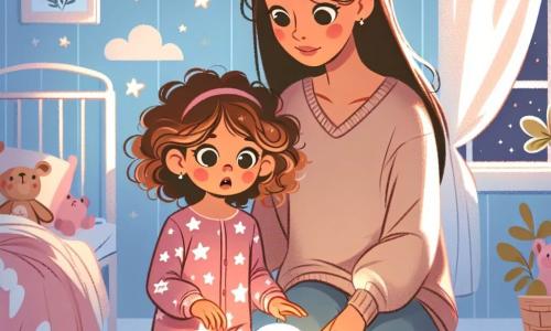 O fetiță de 2 ani, cu ochi mari și strălucitori și cu părul creț, stă în centrul camerei, cu o expresie de ușoară frică amestecată cu curiozitate. Ea poartă un pijama roz cu stele și privește o mică lampă de noapte în formă de lună care luminează ușor camera. Lângă ea, mama ei, o femeie de aproximativ 30 de ani cu părul lung și drept, zâmbește cu blândețe în timp ce se apleacă la înălțimea ei. Ea poartă un pulover moale și confortabil și ține în mâini o carte de povești, pregătită să i-o citească fiicei sale. Scena are loc într-o cameră de copil călduroasă, cu pereți vopsiți în albastru deschis, jucării de pluș împrăștiate pe podea și perdele cu modele de nori. O lumină blândă emană de la lampa de noapte, creând o atmosferă reconfortantă. Situația principală arată fetița, puțin îngrijorată din cauza întunericului, dar confortată de prezența mamei și de lumina lampii, în timp ce se pregătește să asculte o poveste care îi va alunga frica de întuneric.