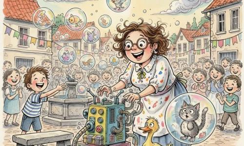 Una inventora llamada Clara, sonriente y asombrada, con cabello rizado y despeinado, grandes gafas redondas y bata manchada de pintura con lazos, inclina sobre una máquina de metal colorido que lanza burbujas de jabón irisadas; a la izquierda un niño de unos 8 años de pelo castaño y camiseta a rayas ríe y trata de alcanzar las burbujas; en el centro‑derecha un gatito gris de ojos grandes flota dentro de una burbuja gigante; junto a una fuente de piedra hay un pato amarillo de plumaje despeinado, curioso y divertido. La plaza empedrada, rodeada de casas de tejas rojas y banderolas, tiene una gran fuente, cielo con nubes tipo algodón de azúcar y luz suave de tarde; la máquina crea burbujas que a veces adoptan formas de animales, la gente —niños y adultos— sonríe y aplaude, ambiente alegre y algo caótico, composición dinámica con toques de color sobre un fondo negro fluido.