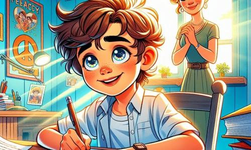A 10-year-old boy, Alex, with messy brown hair and sparkling curious eyes, is sitting at a wooden desk surrounded by sheets of paper. He has a look of wonder on his face, holding a pen in one hand and an old book in the other, immersed in writing a letter. Next to him, his mother, a woman in her thirties with brown hair tied in a bun, watches him proudly, hands on her hips and a gentle smile on her lips. The scene takes place in a bright room with light blue walls, shelves filled with colorful books, and a large peace poster on the wall. A ray of sunlight filters through the window, illuminating the desk and creating a warm and welcoming atmosphere. Alex is writing a letter inspired by his grandfather, surrounded by family memories, with a determined expression on his face, ready to share his dream of peace with the world.