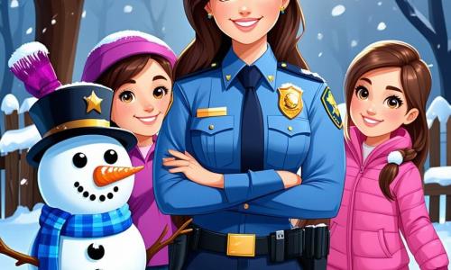 A smiling police officer, Officer Emily, is at the center of the image, with sparkling eyes of determination and a bright blue uniform. She holds a notebook in one hand while raising the other in greeting. Next to her, a group of three children, two girls and a boy, are building a snowman. The girl with brown hair, wearing a purple hat, smiles joyfully, while the blonde boy, dressed in a red scarf, looks at Officer Emily with admiration. The third girl, with braids, is playfully throwing snow in the air. The setting is a winter park, with snow-covered trees and a clear blue sky. Snowflakes are gently falling, adding a magical touch to the scene. In the background, the Cozy Corner bakery is visible, with warm lights shining through the windows. The main situation shows Officer Emily explaining to the children that she is solving a mystery of missing mittens, while they listen attentively, their eyes wide with excitement.