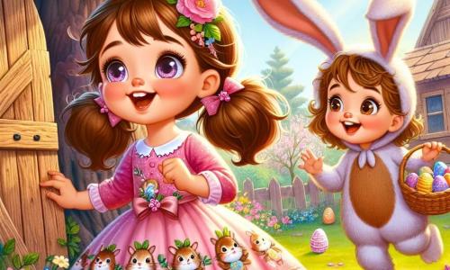 A 10-year-old girl, Lila, with brown pigtails and a pink dress adorned with little rabbits and flowers, stands in front of a large oak tree, her eyes sparkling with excitement and a radiant smile on her face. Next to her, her 5-year-old brother Max wears an oversized bunny costume with ears flopping over his eyes, joyfully hopping while holding a basket filled with colorful eggs. The setting is a sunny garden filled with vibrant flowers and Easter decorations, with brightly colored garlands fluttering in the wind. In the background, an old wooden shed is slightly open, revealing glimpses of light. The main scene shows Lila and Max discovering a magical box filled with shiny eggs and a mysterious note, surrounded by an atmosphere of joy and adventure, ready to embark on a search for hidden Easter treasure.