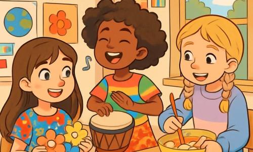 There are three characters: - Sofia: a 9-year-old girl with long brown hair and sparkling eyes. She wears a colorful dress adorned with floral patterns and holds cut-out flower papers, ready to be hung. - Aisha: a 9-year-old girl with curly hair and a warm smile. She wears a brightly colored t-shirt and an African fabric skirt. She joyfully sings while holding a drum. - Emma: a 9-year-old girl with blonde hair in braids. She wears a pastel sweater and jeans. She is mixing ingredients in a large bowl, ready to make an apple pie. The children are in a bright classroom decorated with colorful drawings and paper garlands. Posters from around the world adorn the walls, and a large window lets in sunlight, illuminating their smiling faces. The main scene shows the three friends preparing their presentation for the Friendship Festival. They laugh and exchange ideas, surrounded by colorful supplies, cut-out papers, and delicious dishes, symbolizing the beauty of cultural diversity.