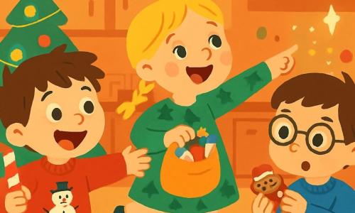 There are three characters: Max, a 6-year-old boy with messy brown hair and sparkling eyes, wearing a red sweater with a snowman and holding a large candy cane. Lily, a 5-year-old girl with braided blonde hair and rosy cheeks, wearing a green dress with tree patterns and holding a small bag filled with candies. Sam, a 6-year-old boy with brown hair and round glasses, wearing a blue sweater with stars, is curiously looking at a decorated cookie. The three friends are in a cozy kitchen filled with Christmas decorations. Sparkling garlands hang from the ceiling, and a large illuminated tree stands in one corner. On the table, plates of funny-faced cookies are arranged, surrounded by colorful confetti. The main scene shows the children laughing and searching for the mischievous elf, with traces of candies and magical light around them. They are all in motion, with bright smiles, ready to discover the surprises of Christmas.