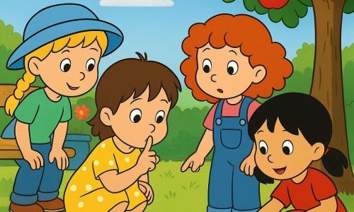Four children: Mia, 6, short brown hair with a small rebellious strand, yellow polka-dot dress, crouched center-left with finger to her lips, curious gaze downward; Zoe, 6, blonde braids, blue hat, green t‑shirt, back-left leaning forward with hands on knees, smiling and listening; Ella, 5, curly red hair, denim overalls, standing right by a wooden bench, looking toward the tree and pointing down; Ruby, 6, black pigtails, red dress, foreground right crouched at the tree base pointing at a small brown mouse. Setting: sunny garden with light green grass, blue flowers and daisies, a large apple tree with tender green leaves at right, a pale wooden bench at left and a blue flower pot behind, blue sky with fluffy clouds. Scene: the four little detectives hear a soft "ch-ch-ch" and discover a small brown mouse nibbling at the tree root; gentle mood, warm colors, amazed expressions, rounded silhouettes and simple features in a 1990s cartoon style.