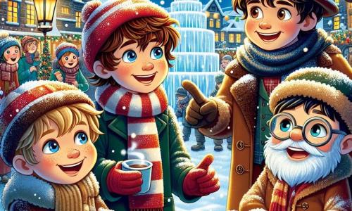 In a snowy village, four nine-year-old boys stand together, surrounded by sparkling snowflakes. Leo, with curly brown hair, wears a red hat and a striped scarf, enthusiastically telling a story. To his right, Sam, with blonde hair and sparkling eyes, smiles while pointing to a huge ice maze. On the left, Ethan, with brown hair and glasses, holds a cup of hot chocolate, his face lit up with joy. Finally, Max, with black hair and a radiant smile, is in his wheelchair, surrounded by his friends, listening attentively. The setting is a charming village called Pinewood, featuring wooden houses with snow-covered roofs, colorful lanterns illuminating the scene, and a large decorated Christmas tree in the town square. Children play around them, and market stalls offer treats and festive decorations. The main scene shows the four friends sharing stories and laughing together, surrounded by the magic of winter as they discover the wonders of the winter festival.