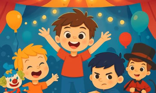 Hay 4 niños: - Leo: un niño de 5 años con cabello castaño alborotado, lleva una camiseta roja y pantalones azules. Está de pie en el centro, levantando los brazos como un presentador de circo. - Santi: un niño de 5 años con cabello rubio, lleva un peluche de payaso colorido y una gran sonrisa. Está a la izquierda de Leo, bailando de manera cómica. - Diego: un niño de 5 años con cabello negro, vestido con una capa brillante. Está a la derecha de Leo, haciendo una pirueta con una expresión decidida. - Tomás: un niño de 5 años con cabello castaño, vestido de domador con un falso látigo de papel. Está un poco atrás, imitando a un domador de leones con una mirada divertida. El lugar es una gran carpa de circo de colores vivos, con rayas rojas y amarillas. Globos flotan en el aire y luces centelleantes iluminan la escena. En el fondo, se pueden ver espectadores sonrientes y decoraciones de circo. La situación principal muestra a los niños realizando su propio espectáculo de circo, riendo y divirtiéndose juntos, con gestos exagerados y expresiones alegres, creando un ambiente festivo y mágico.