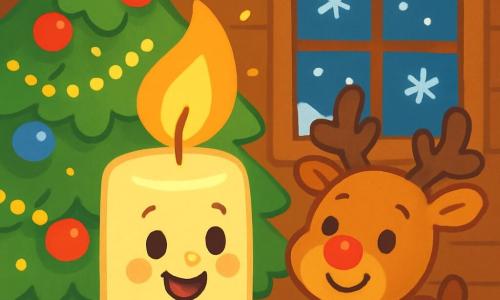 Uma pequena vela sorridente, com uma chama dançante e olhos brilhantes, brilha alegremente sobre uma mesa de madeira. Ela emite uma luz quente e dourada, iluminando seu rosto feliz. Ao lado dela, uma árvore de Natal decorada com bolas coloridas e guirlandas cintilantes se ergue orgulhosamente, suas ramas carregadas de neve macia. Um pequeno rena de pelúcia, com um nariz vermelho e olhos brilhantes, observa a vela com admiração, seu sorriso largo e pequenas orelhas em pé. Ele está bem em frente à vela, como se estivesse lá para admirar sua luz. A cena ocorre em um ambiente acolhedor, com paredes de madeira e janelas adornadas com flocos de neve. As guirlandas luminosas cintilam ao redor do ambiente, criando uma atmosfera mágica. A vela, cheia de alegria, ilumina o espaço enquanto o rena de pelúcia a observa, ambos repletos de felicidade e excitação para a noite de Natal.