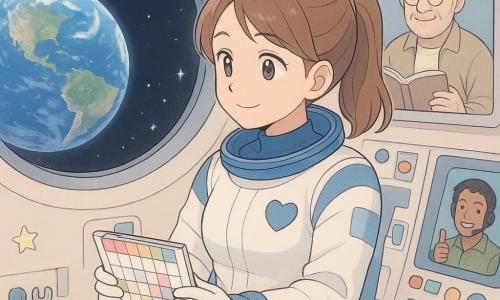 Una donna astronauta sorridente e dolce, emozione calma, capelli castano chiaro raccolti in coda, tuta spaziale bianca e blu con una piccola toppa a forma di cuore, seduta vicino a una grande finestra rotonda che guarda la Terra e tiene un piccolo calendario colorato; la sorella di circa 7 anni appare in un piccolo schermo di videochiamata sul cruscotto, ride, veste un abito rosa e ha capelli corti neri mentre saluta; un uomo adulto, Marco, ingegnere di circa 35 anni, è su un altro schermo con camicia verde e cuffie, sorride e fa il pollice in su da una stazione a terra; un nonno di circa 70 anni è in una piccola cornice appesa alla parete della cabina, barba grigia, occhiali rotondi, tiene un libro e sorride teneramente; interno della cabina spaziale chiaro e ordinato con pannelli luminosi e pulsanti colorati, attrezzi fissati con velcro, una coperta leggera piegata sul sedile e adesivi di stelle sui muri; la finestra mostra la Terra rotonda con nuvole bianche e oceani profondi e piccole stelle scintillanti sullo sfondo nero; situazione principale: momento calmo prima di dormire nello spazio — l’astronauta controlla il calendario, parla con la famiglia in video, prepara la sua copertina, atmosfera dolce, luminosa e rassicurante in palette pastello (azzurro cielo, rosa pallido, bianco sporco).