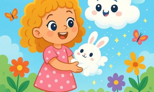 A 6-year-old girl with curly golden hair is wearing a pink polka-dot dress and yellow sandals. She has a big, amazed smile on her face, her eyes sparkling with excitement as she gently holds a small rabbit-shaped cloud in her hands. Next to her is a magical being, the Cloud Guardian, resembling a living cloud with twinkling eyes and a joyful face, floating in the air with small misty wings. They are both in a sunny garden filled with colorful flowers and butterflies fluttering around them. The scene shows the girl and the Cloud Guardian watching the rabbit cloud about to float into the sky, surrounded by magical sparkles and a gentle breeze.