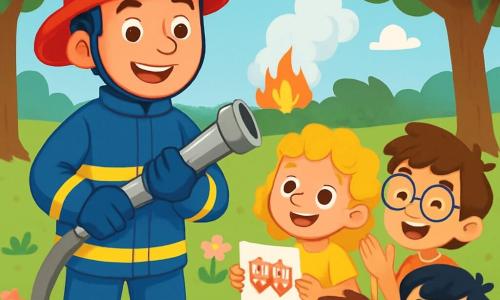 Un bombero llamado Pablo está de pie con una gran sonrisa en su rostro y ojos brillantes de emoción. Lleva un uniforme azul brillante y un casco rojo. En sus manos sostiene una gran manguera lista para usar. A su lado, un grupo de tres niños de unos 8 años lo mira con admiración. Una niña con cabello rizado y rubio lleva una camiseta amarilla y dibuja camiones de bomberos en un cuaderno. Un niño con gafas y cabello castaño desordenado aplaude. Otro niño, con cabello negro y liso, sostiene una bandera de papel con un corazón dibujado. La escena tiene lugar en un hermoso parque verde con árboles majestuosos y flores coloridas. Al fondo, se ve un pequeño incendio forestal ya controlado, con humo blanco elevándose en el cielo azul. Pablo, el bombero, se prepara para apagar el fuego, rodeado de los niños que lo animan, creando una atmósfera de camaradería y valentía.