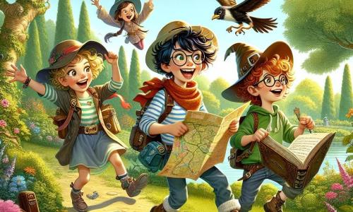 En un parque soleado, cuatro amigos se reúnen para una aventura divertida. Lila, una niña de 10 años con cabello rizado y colorido, lleva un gran sombrero de exploradora y sonríe alegremente sosteniendo un mapa. Al lado de ella, Tomás, un niño de 11 años con gafas y una camiseta a rayas, salta de alegría, listo para la aventura. Valeria, una niña de 10 años con gafas y una capa de bruja, observa atentamente un viejo libro que sostiene, intrigada por una nueva pista. Por último, Javier, un niño de 10 años con un sombrero de vaquero y una sonrisa traviesa, hace una mueca imitando un pájaro, lo que hace reír a sus amigos. El escenario es un parque verde, con grandes árboles, un lago brillante a lo lejos y flores coloridas que bailan con el viento. Los niños juegan en los columpios y las familias hacen picnic en el césped. La situación principal muestra a los cuatro amigos en busca de un tesoro escondido, rodeados de risas y buen humor, mientras siguen pistas misteriosas, listos para vivir una aventura inolvidable juntos.