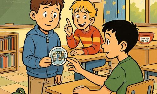 Sunt trei băieți de circa 10 ani: Radu — păr brun scurt, față rotundă și timidă, geantă verde pusă pe podea, întinde o felicitare făcută manual cu o fereastră rotundă; Matei — păr blond ciufulit, zâmbet ștrengăresc, pulover în dungi roșu-galben, stă pe scaun în spatele lui Radu și șoptește complice; Darius — păr negru tuns în creastă, expresie binevoitoare, tricou verde și blugi, ia cu curiozitate felicitarea și se uită la fereastra rotundă care arată un mini-benzi desenate în 3 cadre cu un porumbel purtând o „cravată” comică; scena are loc într-o sală de clasă luminoasă cu mese din lemn deschis, tablă cu scris cu creta, rafturi cu cărți, o afișă cu inimă roșie, perdea cu stele și un bol roșu „mesaje secrete” pe masa profesorului — atmosferă caldă, colorată, ton blând și prietenos de Sfântul Valentin școlar.