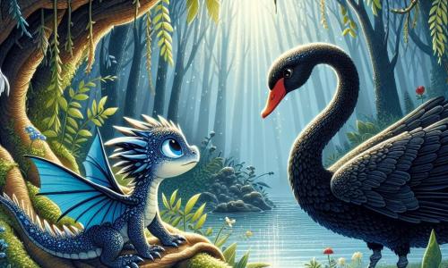 Un dragon mic pe nume Flacăra, cu solzi de un albastru strălucitor și ochi strălucitori ca pietrele prețioase, stă în centrul scenei, având o expresie de curiozitate amestecată cu teamă. Este așezat pe o rădăcină groasă de copac, cu aripile delicate ușor pliate, pregătit să se aventureze în necunoscut. Lângă el, o lebădă neagră majestuoasă, cu pene de un negru profund și ochi sclipitori, observă atent pădurea. Ea are o expresie calmă și încurajatoare, stând cu grație pe o mică poiană, pregătită să-l ghideze pe Flacăra în aventura sa. Decorul este o pădure densă și misterioasă, unde razele soarelui filtrează prin frunzișul gros, creând umbre dansante pe solul acoperit cu frunze. Flacăra și lebăda se pregătesc să intre într-o peșteră întunecată și intrigantă, unde umbre amenințătoare par să-i observe, în timp ce o ceață ușoară învăluie solul, accentuând misterul și excitația aventurii lor.