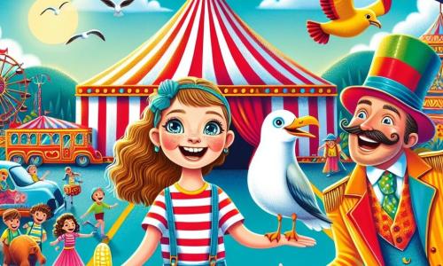 Una ragazza di 12 anni, di nome Giulia, con lunghi capelli castani e occhi pieni di curiosità, si trova davanti a un grande tendone da circo dai colori vivaci, con un ampio sorriso sul volto. Indossa una maglietta a righe e un pantaloncino di jeans, tenendo in mano una banana di plastica, pronta ad aiutare un gabbiano. Accanto a lei, il direttore del circo, il signor Girandolino, un uomo di una cinquantina d'anni con un cilindro colorato e baffi arricciati, sorride gioiosamente gesticolando come se stesse presentando uno spettacolo. Sullo sfondo, il tendone del Circo Pastrocchio, con strisce rosse e bianche, si erge maestoso sotto un cielo blu brillante, circondato da roulotte colorate e animali curiosi. La scena principale mostra Giulia pronta a coinvolgere il gabbiano in un numero comico, mentre artisti del circo si affaccendano attorno a loro, creando un'atmosfera gioiosa e vivace.