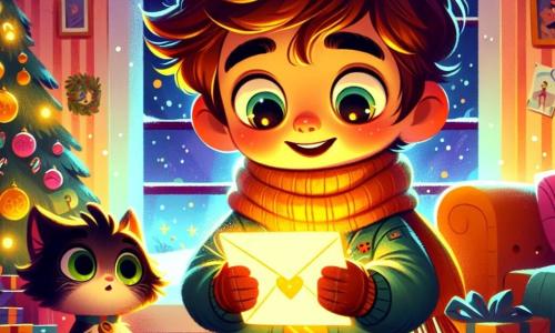 Un niño de 4 años, Lucas, con el cabello castaño desordenado y ojos llenos de curiosidad, se encuentra en el medio de una habitación acogedora, sosteniendo una carta brillante en sus pequeñas manos. Su rostro está iluminado por una gran sonrisa asombrada, sus mejillas rosadas delatan su emoción. A su lado, un gato negro con ojos verdes, curioso y juguetón, observa la carta con interés, sentado sobre la alfombra suave. La habitación está decorada con guirnaldas luminosas y un gran árbol de Navidad, lleno de bolas de colores y cintas doradas, creando una atmósfera festiva y mágica. Lucas, intrigado, se inclina para examinar la carta misteriosa que encontró debajo del sofá, listo para descubrir su secreto.