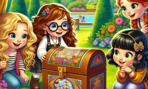 Quattro amiche di otto anni si trovano in un parco soleggiato. Sofia, con lunghi capelli castani e occhiali rotondi, sta aprendo una misteriosa scatola di legno su una panchina. Alla sua destra, Giulia, con capelli biondi e ricci, ride tenendosi i fianchi, mentre Chiara, con capelli neri e una frangia, osserva la scena seriamente con un piccolo quaderno in mano. Infine, Martina, con capelli rossi e trecce, è accovacciata, pronta a saltare di gioia. Il parco è pieno di fiori colorati, alberi verdi e un cielo blu, creando un'atmosfera gioiosa. La scatola di legno è decorata con motivi colorati e attrae l'attenzione delle quattro amiche. Le ragazze scoprono una mappa del tesoro all'interno della scatola, con i volti illuminati dall'eccitazione e dalla curiosità, pronte per l'avventura.