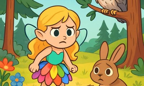 Liora, a small fairy with shimmering wings and golden hair, stands by a dried-up stream, her face marked by worry and determination. She wears a dress made of colorful flower petals that shine in the sun. Beside her, Willow, a small rabbit with large ears and brown fur, looks at the stream sadly, his round eyes filled with concern. Sage, a wise owl with gray feathers and sharp eyes, perches on a branch of a tall pine, observing the scene with a serious expression. The setting is the Evergreens Valley, where majestic trees surround a stream that once flowed joyfully, now reduced to a trickle. Colorful flowers grow around, but the grass is yellowed and wilted, a testament to the drought. In this scene, Liora, determined to help her friends, contemplates solutions to save their valley, while Willow and Sage encourage her to take action.