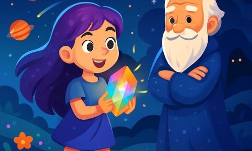 A young woman named Lyra, about 16 years old, stands on a bright planet, with long, wavy purple hair shining under the starlight. Her face shows joyful determination, her eyes sparkling with curiosity. She holds a radiant rainbow crystal in her hands, illuminating her face with a soft glow. Beside her is a Light Guardian, a man around 50 years old, with a long silver beard and a shimmering robe, observing her with a kind smile. The setting is a magical landscape, with rolling hills covered in luminous flowers and a starry sky dotted with colorful planets. Comets streak across the horizon, adding a touch of magic to the scene. Lyra prepares to face the looming shadow on the horizon, her crystal shining like a star in the night. The tension is palpable, but hope shines in her eyes, ready to bring light into the darkness.