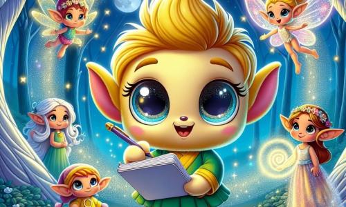 Magiczny pluszak w kształcie pluszowej zabawki, w jaskrawych kolorach i z błyszczącymi oczami, stoi w centrum zaczarowanej polany, pokazując wyraz zdumienia i determinacji. Trzyma otwarty zeszyt, gotowy do pisania historii. Po jego prawej stronie mały elf z złotymi włosami i spiczastymi uszami, ubrany w zieloną tunikę, obserwuje z zachęcającym uśmiechem, jego oczy błyszczą ciekawością. Po lewej stronie delikatna wróżka z błyszczącymi skrzydłami, ubrana w sukienkę z płatków kwiatów, radośnie wiruje, jej twarz promienieje radością. Scena rozgrywa się na magicznej polanie, otoczonej srebrnymi drzewami i luminescencyjnymi kwiatami, pod gwiaździstym niebem, gdzie księżyc świeci intensywnie, tworząc bajkową atmosferę. Magiczny pluszak i jego przyjaciele przygotowują się do napisania nowej historii, aby chronić swój świat przed zagrażającymi cieniami, łącząc siły, by stworzyć magię, która rozświetli noc.