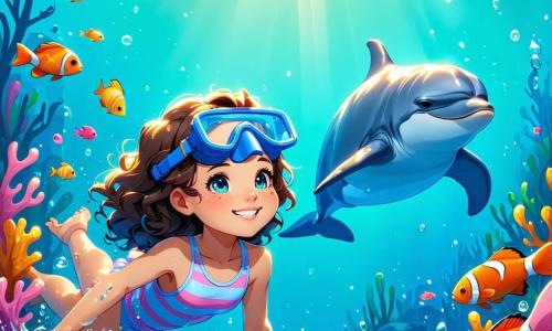 Una niña de 8 años, con largos cabellos rizados y ojos brillantes de curiosidad, nada alegremente en un agua turquesa, rodeada de peces coloridos. Lleva un traje de baño a rayas y una máscara de buceo, su rostro irradia emoción y felicidad. A su lado, un delfín plateado, llamado Brilo, hace piruetas en el agua, sus aletas brillando bajo la luz del sol. Un poco más lejos, una tortuga gigante con un caparazón cubierto de musgo, llamada Tomasa, los observa con una sonrisa benevolente, flotando pacíficamente. El lugar es una magnífica cueva submarina, con paredes de coral multicolores y rayos de luz dorada que filtran a través del agua, iluminando jardines de algas danzantes. La situación principal muestra a la niña y sus amigos descubriendo un jardín secreto submarino, lleno de flores marinas brillantes y criaturas marinas alegres, mientras se preparan para explorar un mundo mágico y misterioso.