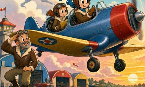 Main scene: takeoff over a wet runway with the plane lifting off, wheels still visible and fluffy white clouds around; main character: a young female pilot with a round smiling face, bright wide eyes, enthusiastic but focused expression, blue scarf blowing in the wind, hands on the control yoke in a retro cockpit with round dials and colored needles; secondary characters: a ~45-year-old male instructor with short graying beard and reassuring smile standing on the exterior step saluting and looking at the pilot, and a 22–25-year-old female co-pilot with tied-back hair, calm encouraging air, seated beside the pilot holding a yellow checklist and watching the instruments; setting: small airport with reflective wet ground, black runway with a central white line, colorful hangars and a pink-orange morning sky with a golden horizon; graphics: smooth metal textures with rivets, drawn headsets and mics, stylized light exhaust smoke in curved lines, vivid contrasting palette (sky blue, golden yellow, light red); mood: dynamic and reassuring, rubber-hose rounded limbs and exaggerated friendly expressions, composition centered on the pilot to convey courage and gentleness.