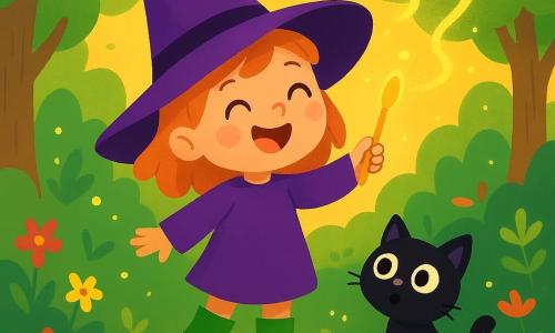 A little witch named Mimi, four years old, wearing a large pointed purple hat and shiny green boots, stands on a rock. She has a smiling face and sparkling eyes, holding a shiny yellow spoon in her small hands. At her feet, her black cat Bobo, with one white paw and a floppy ear, looks on curiously with wide, surprised eyes. The setting is an enchanted forest filled with soft, rounded tree trunks, vibrant green leaves, and colorful flowers dancing in the wind. Tiny fireflies twinkle around, adding a magical touch to the atmosphere. Mimi is casting a spell to create an invisible dancing candle, laughing heartily while Bobo, amused, tries to understand what is happening. The scene is full of joy and magic, with bursts of light and bright colors evoking a fairy-tale world.