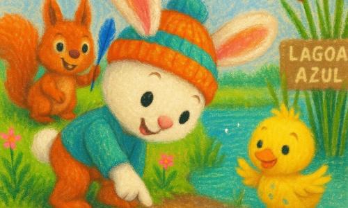 Toni, um pequeno coelho branco de orelhas rosas, sorridente e curioso, com um gorro colorido, aponta pegadas arredondadas na lama junto à água; Léo, um esquilo ruivo e fofo, empolgado, segura uma pena azul brilhante atrás de Toni na margem herbosa; um patinho amarelo e alegre surge entre juncos à direita, batendo as asas e observando; a Lagoa Azul tem água turquesa calma com reflexos cintilantes, margem com musgo e juncos altos, algumas flores selvagens rosa e céu azul com nuvens fofas; cenário doce, caloroso e lúdico, cores vivas, contornos arredondados e textura de pastel oleoso visível.