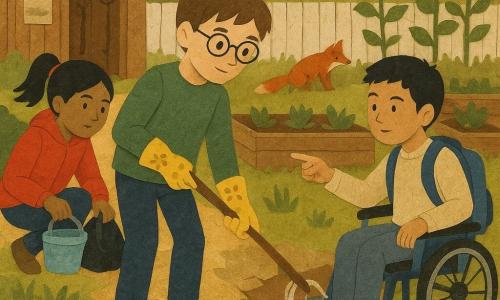 Three 11-year-old children: Milo, a brown-haired boy with round glasses and yellow floral gardening gloves at the center by a weathered wooden fence holding a long bamboo pole to hook a plastic bag from the stream; Asha, a medium-skinned girl with black hair in a ponytail, a bright red jacket, crouched left by a small tool shed holding a small bucket and a tied trash bag; Jun, an Asian boy with short black hair in a blue manual wheelchair with a backpack attached, to the right calmly steadying the bamboo and pointing toward the current. They are in a detailed community garden with beige gravel paths, wooden raised beds, tall sunflowers at right, a small wooden shed with tools and aged posters, a washed plank fence and a collapsed bank leading to a narrow, silvery stream. The scene shows the three children carefully pulling a plastic bag and tangled fishing line through gaps in the fence with focused, cooperative expressions; a red fox watches from the tall grass in the background under warm afternoon light with long shadows.