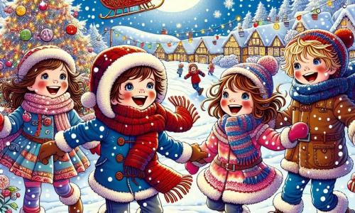 In a snowy landscape, four children stand together, filled with excitement. Timmy, an 8-year-old boy with a big smile, wears a bright red scarf and a wool hat. Next to him, Lily, a 7-year-old girl with curly hair and rosy cheeks, joyfully laughs while holding a snowball. Ben, a 9-year-old boy with huge boots and a blue coat, is sliding on the snow with his arms outstretched. Finally, Mia, a 6-year-old girl with a nose as red as a reindeer's, looks in awe at the sky, where a sparkling sleigh passes above them. Their village, Snowy Hollow, is adorned with twinkling lights and a giant Christmas tree at the center, shining brightly. Snowflakes gently fall, creating a magical atmosphere. The children discover a mysterious letter buried in the snow and prepare to embark on an adventure to deliver it to Santa Claus, their faces lit up with excitement and the spirit of Christmas.