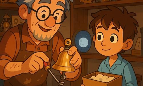 Mr. Finch, smiling but focused with messy gray hair, round glasses and a sawdust-stained brown apron, holds a small shiny bell and adjusts a spring with a screwdriver while Leo, about eight, in light-blue pajamas with tousled brown hair and curious eyes, stands by the workbench holding a box of soft materials; the warm, cozy workshop has a worn wooden bench, shelves of golden gears, springs, steam lamps and sketchbooks and a round window with silver moonlight, and the pair are repairing an overly noisy bell under a yellow lamp amid scattered tools, soft fabric pieces and glinting gears, in a scene of warm colors, wood-grain textures, metallic reflections and very readable expressions with a slightly magical atmosphere.