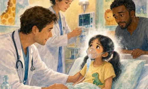 A young male doctor in his thirties with short brown hair and a slightly rumpled white coat, gentle focused expression and a stethoscope around his neck, leans over a hospital bed with a reassuring hand while softly addressing an 8-year-old girl; a calm female resident (Lila) in her forties with dark hair in a bun adjusts the nebulizer infusion behind him as fine white vapor forms a halo around the girl's face, the worried-yet-relieved father stands at the right of the bed watching tenderly, and the small pediatric emergency room is warm and child-friendly with pastel walls, animal posters, a glowing monitor, soft wall lamp, leaf-patterned sheet and a shiny medical cart; a little dinosaur sticker on the girl's shirt adds a protective, playful touch.