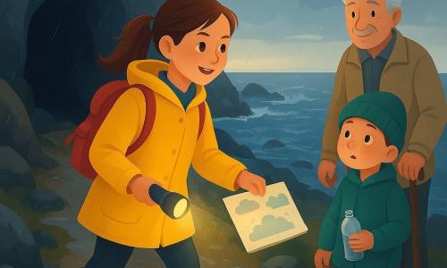 A determined smiling girl explorer aged about 12–14 with brown hair in a ponytail, wearing a bright yellow raincoat, muddy rubber boots and a red backpack with a small windsock, holding a lit flashlight and an open notebook with cloud sketches, emerges from a small sea cave onto a narrow ledge, cautiously climbing toward the main path in light rain; a curious 6–7‑year‑old boy in a green beanie with wind‑rosy cheeks stands slightly back on the cliff path holding a plastic bottle he intends to discard, while his smiling elderly grandfather (about 70) with gray hair, a beige jacket and a cane watches proudly; rocky textured coastal cliff with wet shiny rocks, foaming waves and reflective puddles, gray‑blue cloudy sky with pale light on the horizon; calm action scene evoking careful courage and nature protection, saturated yet soft colors, smooth gradient textures, wet highlights and clear silhouettes suitable for children.
