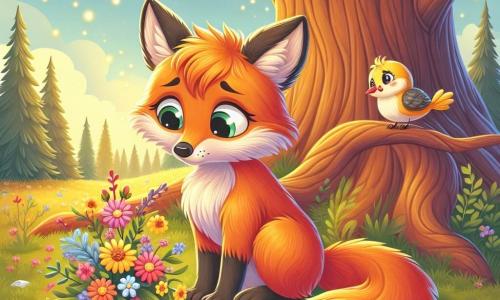 An illustration depicts a young fox with bright orange fur, large expressive eyes, and a bushy tail, sitting under a large oak tree. Its face shows melancholy as it gazes at a bouquet of wildflowers it has placed at the tree's base in memory of its grandfather. Nearby, a small bird with yellow and gray feathers perches on a branch, appearing sad yet comforting, watching the fox with compassion. The main setting is a sunny clearing surrounded by majestic trees with golden leaves, where the ground is covered with colorful flowers and fallen leaves. Sunlight filters through the branches, creating a peaceful atmosphere. The scene captures the young fox reminiscing about its grandfather, sharing a moment of tenderness and reflection on loss while honoring his memory with flowers. Other graphic elements include sparkling fireflies in the air, adding a magical touch, and soft shadows that evoke a sense of calm and nostalgia.