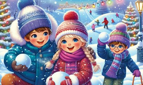 Een 9-jarig jongen, Joris, met rommelig bruin haar en roze kaken van de kou, glimlacht vrolijk terwijl hij een grote sneeuwbal in zijn handen houdt. Hij draagt een dikke blauwe jas, een rode pomponmuts en kleurrijke handschoenen, terwijl hij zich voorbereidt om de sneeuwbal te gooien. Naast hem lacht Sophie, een 9-jarig meisje met gevlochten blond haar, terwijl ze sneeuw verzamelt om een sneeuwbal te maken, gekleed in een roze sjaal en een paarse jas. Max, een 10-jarig jongen met een bril en kastanjebruin haar, staat een beetje op de achtergrond met een kleine sneeuwschep in zijn hand en glimlacht, klaar om te helpen met het bouwen van een grote sneeuwhoop. De achtergrond is een magisch winterpark, met bomen bedekt met glinsterende sneeuw, een heldere blauwe lucht en zacht vallende sneeuwvlokken. In de verte nodigt een besneeuwde heuvel uit om te glijden, terwijl gekleurde lantaarns de plek verlichten en een feestelijke sfeer creëren. De scène toont Joris en zijn vrienden in een sneeuwballengevecht, lachend en samen plezier makend, wat de vrolijke geest van de winter en vriendschap vastlegt.