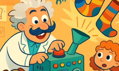 Um homem, o professor Nicolau, está no centro da imagem, com cabelos desgrenhados e um grande bigode encaracolado. Ele tem um sorriso alegre e olhos brilhantes de excitação. Ele se inclina sobre uma máquina estranha, cheia de botões coloridos, pressionando um grande botão vermelho. Ao lado dele, uma menina de cerca de 8 anos, com cabelos cacheados e um vestido de bolinhas, observa a cena com olhos arregalados, fascinada pela invenção. Ao fundo, um pequeno cachorro de orelhas grandes, sentado no chão, observa com curiosidade, com a língua de fora. A cena acontece em uma oficina iluminada, cheia de ferramentas, peças de máquinas e desenhos nas paredes. Prateleiras transbordam de livros e potes cheios de parafusos e molas. Nicolau, entusiasmado, tenta fazer sua máquina de copiar sapatos funcionar, mas em vez disso, uma imensa par de meias coloridas sai da máquina, criando uma explosão de cores e risadas.