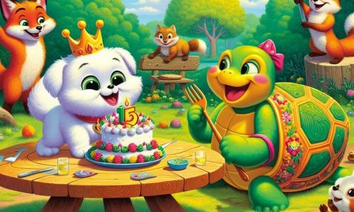Um cachorro chamado Bolota, pequeno e gordinho, com pelagem branca brilhante e grandes orelhas caídas, está no centro da cena, com os olhos brilhando de emoção e um grande sorriso no rosto. Ele usa uma coroa de chantilly na cabeça e segura um prato do seu famoso 