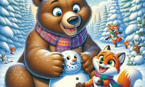 Un grande orso bruno di nome Bruno, con un pelo morbido e lucente, è al centro dell'immagine, sorridente mentre costruisce un pupazzo di neve. I suoi occhi brillano di eccitazione e le sue zampe sono piene di neve. Accanto a lui, una piccola volpe di nome Lila, con un pelo arancione vivace e occhi maliziosi, ride lanciando una palla di neve verso Bruno. Indossa una sciarpa colorata che fluttua nel vento, aggiungendo un tocco di allegria alla scena. Il contesto è una foresta incantata, coperta da un spesso manto di neve scintillante, con alberi maestosi i cui rami sono carichi di fiocchi. Il cielo è di un blu brillante, punteggiato da nuvole bianche e soffici. La situazione principale mostra Bruno e Lila in una battaglia di palle di neve, circondati da risate e gioia, illustrando l'amicizia e il divertimento dell'inverno in un paesaggio fiabesco.