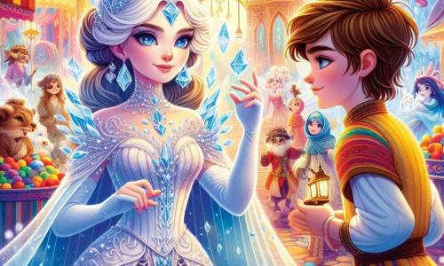 Die Schneekönigin, eine majestätische Frau mit ätherischer Schönheit, trägt ein glitzerndes Kleid aus Eiskristallen, das das Sonnenlicht reflektiert. Ihr Gesicht ist sanft, aber ihre blauen Augen strahlen eine warme Entschlossenheit aus, während ein leichtes Lächeln ihre Lippen erhellt. Sie steht im Zentrum eines magischen Marktes, umgeben von fantastischen Kreaturen. An ihrer Seite steht Kai, ein 12-jähriger Junge mit kastanienbraunen Haaren und funkelnden Augen, der die Königin bewundernd ansieht. Er trägt eine bunte Tunika und eine Leinenhose und hält einen kleinen alten Spiegel in den Händen, bereit, ihr die Wahrheit zu zeigen. Der Ort ist ein verzauberter Markt, der von leuchtenden Farben pulsiert, mit Ständen voller bunter Früchte, glitzernder Tränke und wunderbarer Kreaturen, die um sie herumtanzen. Bunte Fahnen wehen im Wind, und funkelnde Lichter erhellen die festliche Atmosphäre. Die Hauptsituation zeigt die Schneekönigin, die vor dem magischen Spiegel steht, bereit, die Wahrheit über ihr gefrorenes Herz zu entdecken, während Kai sie hoffnungsvoll ermutigt. Die Luft ist erfüllt von einem Gefühl des Staunens und der Magie, während sie sich darauf vorbereiten, ihr Schicksal zu verändern.