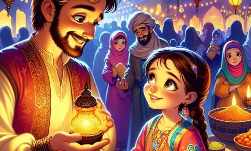Een man genaamd Samir, in de dertig, met een zachte bruine baard en nieuwsgierige ogen, staat in het midden van het toneel. Hij glimlacht warm terwijl hij een lamp vasthoudt die zijn gezicht met een gouden gloed verlicht. Naast hem kijkt een klein meisje van ongeveer 8 jaar met vlechten verwonderd, haar ogen stralend van fascinatie. Ze draagt een kleurrijke jurk met bloemenpatronen en houdt een stuk brood in haar handen. De setting is een levendige bazaar, met kramen vol exotisch fruit, kleurrijke specerijen en glinsterende lantaarns die in de lucht hangen. Het avondlicht baadt alles in een gouden tint, wat een magische en warme sfeer creëert. Samir vertelt een boeiend verhaal aan het meisje, terwijl schaduwen om hen heen dansen, wat de magie van de verhalen uit Duizend-en-een-nacht oproept. Andere nieuwsgierige kinderen uit de bazaar komen dichterbij om te luisteren, hun gezichten verlicht door het licht van de lamp.