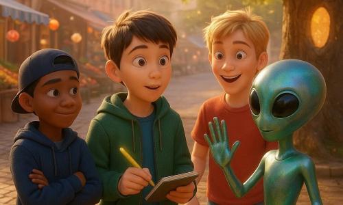 Er zijn vier personages: Milo, ongeveer 11 jaar, kort bruin haar, groene capuchonjas, houdt een schetsboek en een 