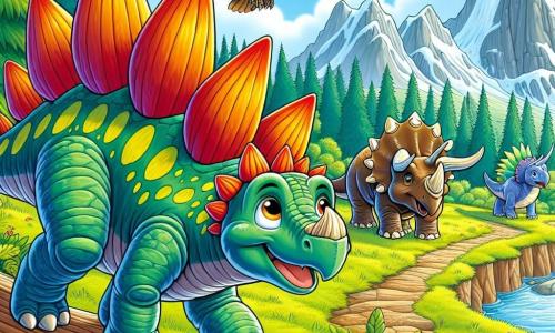 Ein junger Stegosaurus namens Stego, mit großen bunten Platten auf seinem Rücken, zeigt Entschlossenheit und Freude. Er steht auf einem grünen Weg, umgeben von bunten Blumen, bereit für ein Abenteuer. An seiner Seite schaut Trixi, ein majestätischer Triceratops mit grüner Haut und beeindruckenden Hörnern, ermutigend zu Stego, während ein alter Pterodactylus namens Ptero, mit ausgebreiteten Flügeln und weisem Blick, über ihnen schwebt, bereit sie zu führen. Die Szenerie ist eine bergige Landschaft mit schneebedeckten Gipfeln im Hintergrund und einem strahlend blauen Himmel. Die Hauptsituation zeigt Stego und seine Freunde, die sich darauf vorbereiten, einen breiten Fluss zu überqueren, wobei ein umgefallener Baum als Brücke dient, was ihren Mut und ihre Freundschaft auf der Suche nach dem weisen Tino, dem Tyrannosaurus, symbolisiert.