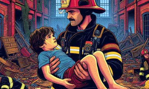 Un bombero, Antonio, de unos 35 años, se encuentra en el centro de la imagen, llevando un casco rojo brillante y una chaqueta amarilla con bandas reflectantes. Su rostro refleja experiencia, con ojos decididos y una sonrisa tranquilizadora, mientras levanta con cuidado a un niño de 10 años, Pedro, que tiene el cabello castaño desordenado y una expresión de preocupación y alivio. Pedro lleva una camiseta azul y pantalones cortos, y se aferra a Antonio, comprendiendo que finalmente está a salvo. Al fondo, una antigua fábrica de juguetes abandonada se alza, con paredes de ladrillo rojo, ventanas rotas y plantas trepadoras, creando una atmósfera misteriosa y nostálgica. La escena muestra a Antonio sacando a Pedro de los escombros, con miembros del equipo de bomberos listos para intervenir. La expresión de Antonio es de compasión y determinación, mientras que Pedro, aliviado, mira a su alrededor con ojos brillantes, dándose cuenta de que finalmente está a salvo.