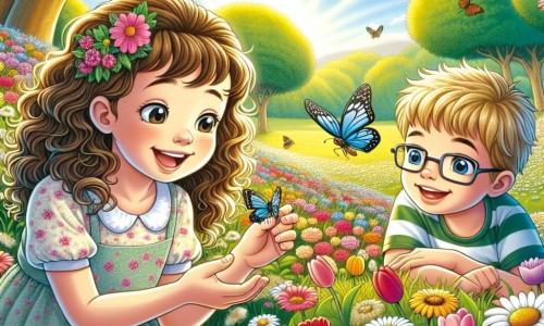 Una ragazza di 10 anni, Chiara, con capelli castani e ricci e un grande sorriso, è seduta in un campo di fiori colorati, circondata da margherite e tulipani. Indossa un vestito leggero a fiori e tiene una piccola farfalla blu sulla mano, incantata dalla sua bellezza. Accanto a lei, il suo migliore amico Marco, un ragazzo di 10 anni con capelli biondi e occhiali, osserva attentamente un'altra farfalla che vola intorno a loro, con gli occhi brillanti di curiosità. Sullo sfondo, il parco è illuminato da una luce dorata, con grandi alberi dalle foglie verdi e un cielo blu punteggiato di nuvole bianche. Gli uccelli cantano gioiosamente tra i rami. La scena principale mostra Chiara e Marco, affascinati dalla magia della primavera, che scoprono insieme la bellezza dei fiori e degli insetti, simboleggiando il risveglio della natura.