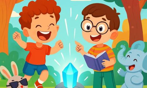 Ci sono 2 personaggi principali: Leo, un ragazzo di 7 anni con capelli ricci e un grande sorriso, indossa una maglietta rossa e pantaloni blu, è in piedi a sinistra, saltellando di eccitazione; Max, un ragazzo di 7 anni con occhiali tondi e capelli castani, indossa una camicia a righe e pantaloni verdi, è a destra, tiene un libro in una mano e punta verso una pietra brillante al centro dell'immagine. La scena si svolge in una radura incantata, circondata da alberi dai tronchi colorati, con foglie a forma di cuore e fiori che cantano. Al centro, una pietra luminosa di un blu intenso brilla, proiettando riflessi di luce intorno a loro. Leo e Max scoprono la pietra magica, con espressioni di sorpresa e gioia, mentre animali divertenti, come un coniglio con occhiali da sole e un elefante danzante, li circondano, aggiungendo un tocco di follia e assurdità alla scena.