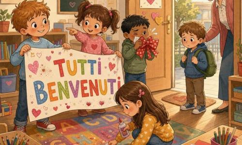 Il protagonista è Leo, 6 anni, viso rotondo con lentiggini e sorriso timido, in maglione azzurro e jeans, che tiene orgoglioso uno grande striscione di carta con la scritta TUTTI BENVENUTI vicino alla porta; accanto a lui Sara, 6 anni, capelli castani in due codini saltellanti, mostra lo striscione con una mano; Amir, 6 anni, pelle olivastra e capelli neri corti, con aria birichina, tiene un grande fiocco rosso e sta leggermente indietro; Giulia, 6 anni, capelli lunghi castani e sguardo dolce, è accovacciata davanti allo striscione con colla e brillantini per decorarlo; Tommaso, 6 anni e nuovo alunno, con zaino verde e fare timido, è sulla soglia della porta esitante ma incuriosito; la maestra Lina, adulta con capelli grigi raccolti e sorriso rassicurante, è poco dietro a invitare Tommaso ad entrare; l'aula è luminosa con pavimento in parquet chiaro, tappeto con l'alfabeto colorato, tavoli di legno coperti di carta rosa e rossa, barattoli di matite, qualche cuore di carta e una finestra che lascia entrare una luce dorata; scena di accoglienza calda e dolce, bambini riuniti attorno allo striscione, decorazioni e momenti di amicizia e timidezza, palette di colori caldi e texture cartacee.