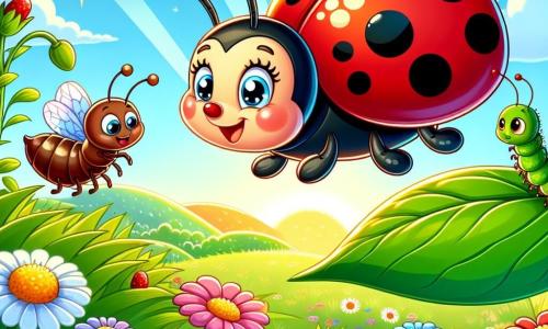 Una coccinella gioiosa, con un corpo rosso vivo punteggiato di piccoli punti neri, vola sopra un campo di fiori brillanti, le sue ali lucenti scintillano sotto il sole. Sorride, con gli occhi pieni di felicità ed eccitazione. Accanto a lei, una piccola formichina, con un corpo marrone e antenne tremolanti, corre rapidamente su una foglia verde, sembrando determinata e amichevole. Un piccolo bruco verde, con occhi rotondi e tristi, si trova vicino a un grande fiore giallo, guardando intorno a sé con speranza. Il luogo è un vasto prato, pieno di fiori colorati, alte erbe ondeggianti e un cielo blu chiaro punteggiato di nuvole bianche e soffici. La scena principale mostra la coccinella e la formichina che cercano la piccola casa del bruco, circondate dalla bellezza naturale del giardino, con raggi di sole che filtrano attraverso le foglie.