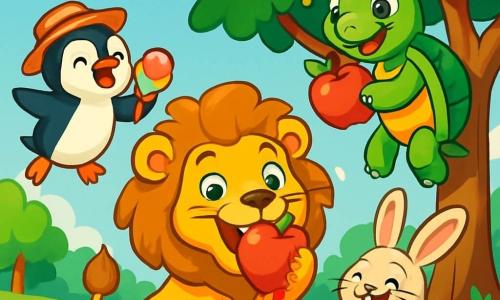 Al centro dell'immagine, un leone gioioso e birichino, con una criniera dorata e occhi scintillanti di malizia, morde una grossa mela rossa, con il succo che scorre sul suo mento. A destra, una tartaruga verde dal sorriso malizioso, con un guscio lucido, si dondola su un albero, tenendo una mela tra le zampe anteriori, pronta a saltare. A sinistra, un pinguino dalle piume bianche e nere, con un piccolo cappello di paglia, vola allegramente tenendo un gelato colorato tra le ali. Infine, un coniglietto dalle grandi orecchie e dal pelo morbido, con un'espressione divertita, è seduto sull'erba, circondato da noci, ridendo della situazione. Lo sfondo è un magnifico boschetto soleggiato, pieno di alberi dalle foglie verdi brillanti e fiori colorati, con un grande albero di mele al centro, i cui frutti rossi brillanti attirano tutti i personaggi. La scena emana un'atmosfera gioiosa e ludica, dove gli amici si divertono insieme in una competizione esilarante per vedere chi riesce a mangiare più mele, creando un clima di risate e amicizia.