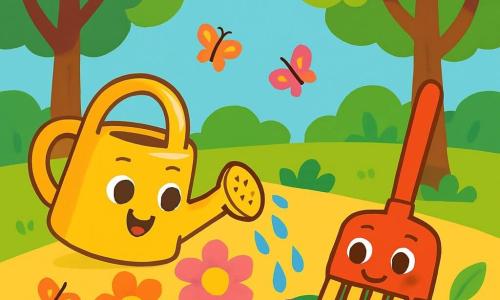 Sunny, a small yellow watering can, is cheerful and smiling, with bright eyes and a little spout shaped like a smile, watering colorful flowers in a sunny park. Rosie, a red rake, is next to her, with an enthusiastic expression and well-aligned wooden teeth, picking up litter with her teeth, surrounded by green leaves and vibrant flowers. The park is filled with tall brown-trunked trees and green leaves, under a clear blue sky with fluffy white clouds. Pink, yellow, and purple flowers dance in the wind, and colorful butterflies flutter around them. Sunny and Rosie are working together to clean the park, making the flowers happy and the ground clean while singing joyfully.