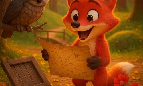 A bright red fox (anthropomorphic) with shiny fur, large curious eyes and a joyful, amazed smile delicately holding an old crumpled parchment map beside a wooden trapdoor; a wise gray owl perched on a left branch, kindly looking and pointing with its beak toward a nearby hill; bright red flowers and textured blue moss near the fox beside the map. Setting: a wooded clearing with golden fallen leaves, a small wooden bridge and grassy hill in the background, warm golden sunset light filtering through the trees. Scene: the fox has just discovered the entrance to a secret trap door hidden under leaves, joyful surprise, magical warm atmosphere, vivid colors and realistic textures. Style: soft 3D render, saturated colors, cinematic lighting, child-friendly welcoming details.