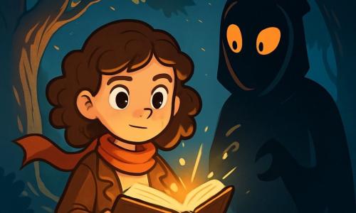 A 10-year-old girl named Lily stands at the center of the scene, with curly brown hair and eyes shining with curiosity. Her face shows a brave determination, and she wears a brown leather jacket and a red scarf that flutters slightly in the wind. Beside her is a mysterious Keeper of Shadows, a creature with dark skin and fiery eyes, observing Lily with an impressive yet benevolent expression, positioned slightly back, ready to ask a question. The setting is an enchanted forest, where majestic trees with gnarled trunks reach toward the sky, their leaves shimmering with a golden glow under the moonlight. Shadows dance around them, creating a magical yet slightly eerie atmosphere, while a winding path weaves through the twisted roots. The main scene shows Lily, holding an ancient book, preparing to solve a riddle posed by the Keeper of Shadows, with bursts of light emanating from the book, illuminating her face and the surroundings. The air is filled with mystery, and the excitement of adventure is evident on Lily's face as she gets ready to face the challenge ahead.